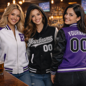Women's Varsity Letterman Jacket – Black/Purple/White | Customizable Materials & Styles