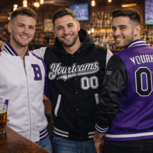 Men's Varsity Letterman Jacket – Black/Purple/White | Customizable Materials & Styles